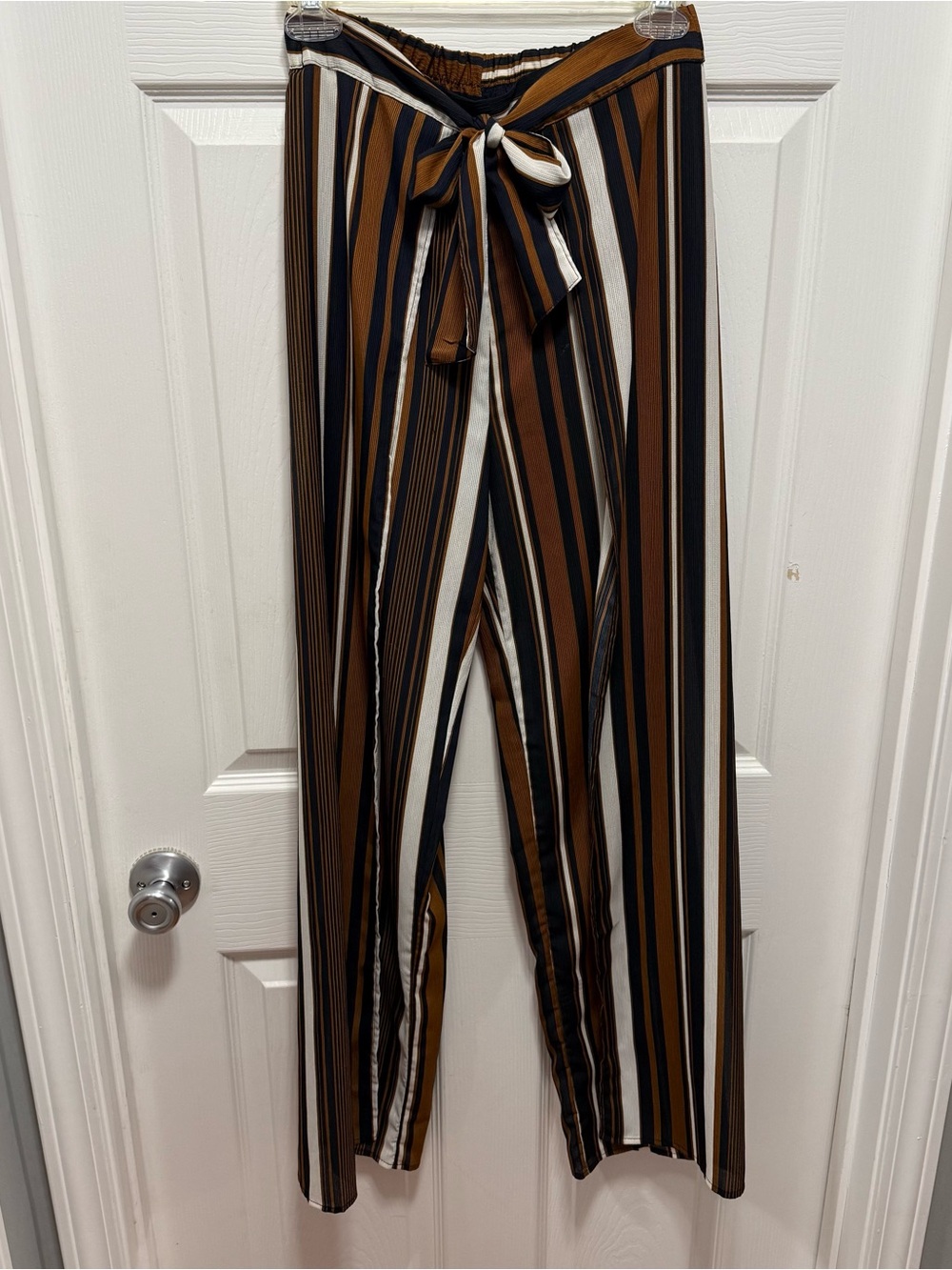 Split Front Wide-Leg Striped Tie-Waist Pants - Brown/Black/White